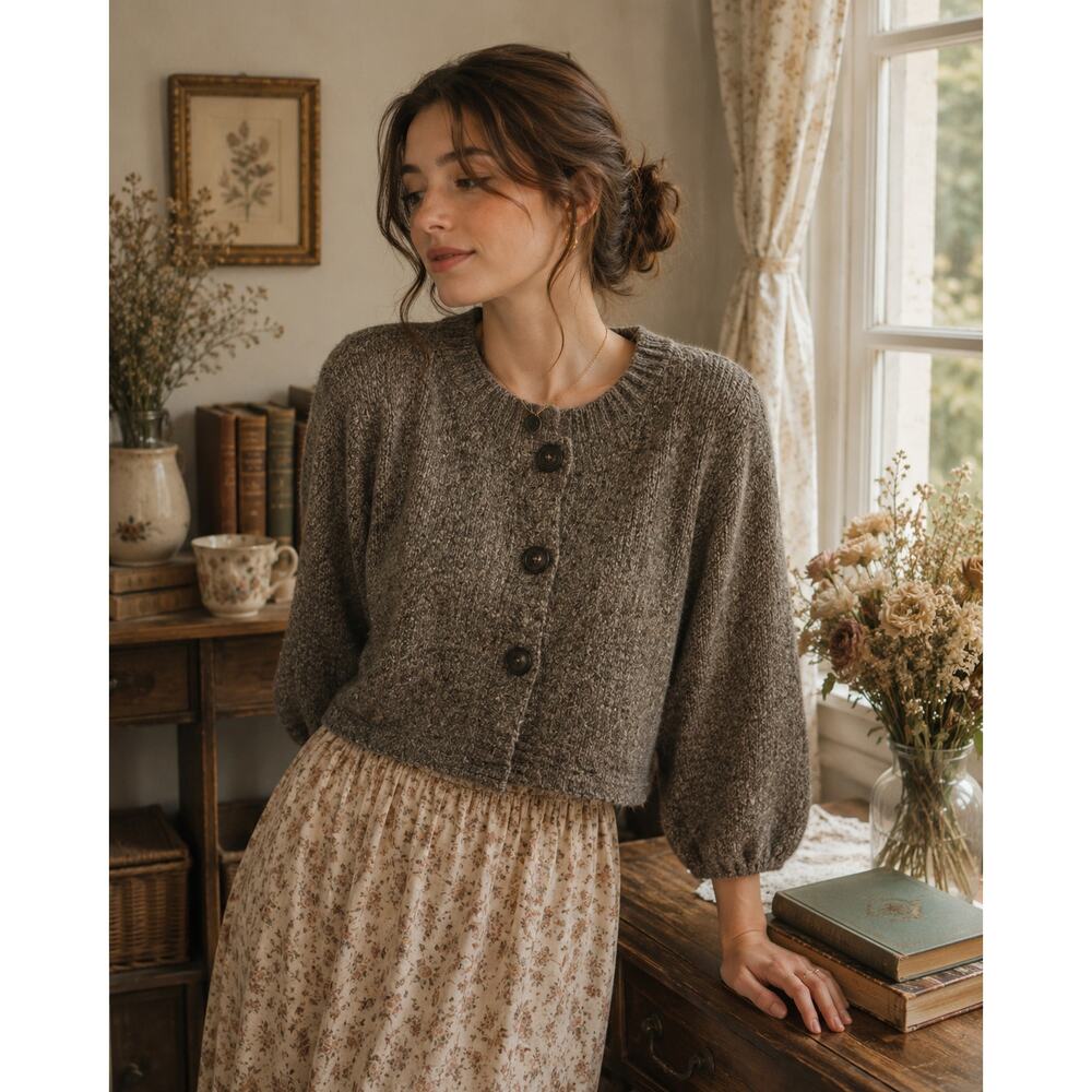 Vintage Brown Mouline Knit Cropped Sweater Cottagecore Grandma Core Cozy Size M